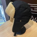 Black aviator trapper hat with warm beige fleece lining and adjustable chin strap - Single Hat / Black