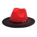 Detail of red and black gradient wool fedora hat featuring a leather belt and metal buckle - M (56-58cm) / Red + Black