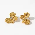 Golden brushed flower stud earrings with pear-shaped cubic zirconia centers - Gold (D2860)