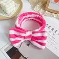 Pink and white striped coral fleece headband with a large bow for face washing - Thin Pink White Stripe