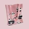 Detailed knit texture of pink panda tote bag featuring white Yum and PANDA text patterns - Five Bears Pink