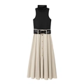 Elegantes ärmelloses Stehkragenkleid im Kontrastdesign Schwarz und Beige mit Taillengürtel - XS / Schwarz und Beige Gespleißt