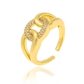 Adjustable gold interlocking link ring with sparkling cubic zirconia on white background - Interlocking Chain (J-1256)
