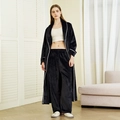 Women's black velvet long bathrobe and wide-leg pants set with white contrast piping - M / Hurricane Black (Women)