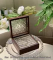 Walnut wood jewelry box with vintage embossed glass lid and velvet lining 10.5cm - Walnut White Glass Off-white Ring Box
