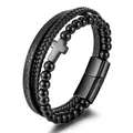 Men's multi-layer black leather bracelet with tiger eye beads and a cross charm - Black Glass Beads + Black Cross