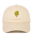 Beige Baumwoll-Baseballkappe mit gelber Stickerei eines schmelzenden Smileys auf der Front - Verstellbar / Beige