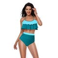 Two-piece high waisted bikini with light blue and dark teal ruffled halter top - S / Blue