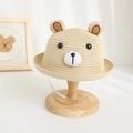 Close-up view of a cute children's straw hat featuring plush bear ears and face details - 50-52cm / Hat / Beige