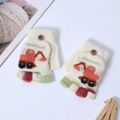 Beige knitted convertible gloves for kids featuring cute orange digger pattern - One Size / Excavator Beige White
