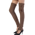 Brown cable knit over-knee leg warmers with drawstring pom-poms for women winter - One Size / Khaki