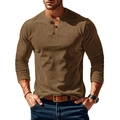 Men's casual long sleeve corduroy Henley shirt in vintage brown ribbed texture - Brown