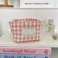 Close-up of pink checkered quilted fabric organizer basket with embroidered label detail - Quilted Heart Pink Gingham (1cm)