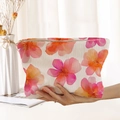 White corduroy cosmetic bag with hand-painted pink floral pattern and zipper closure - White Pink Orange Floral (MZ041307)