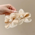 Pince à cheveux élégante avec fleurs en organza champagne, perles et ruban satiné - 3# Nœud Beige 4 Fleurs 7*12cm