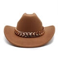 Detail of vintage camel wool fedora hat featuring a chunky decorative gold metal chain - M(56-58cm) / Khaki