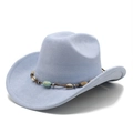 Detail of light blue suede cowboy hat with turquoise beads and shell ornament band - Light Blue