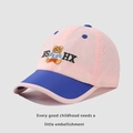 Detail of pink kids baseball cap featuring embroidered bear and breathable mesh side - 48-53cm / Pink