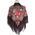Detail of coffee brown shawl featuring large red roses, yellow flowers and long fringe - Coffee