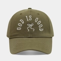 Detail view of olive green baseball cap with white bow and GOD IS GOOD embroidery - Adjustable / Army Green