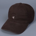 Close-up of vintage washed cotton fabric and embroidered letter H on dark brown baseball cap - M (56-58cm) / Coffee