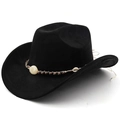 Detail of black felt fedora with ethnic style beadwork and faux amber gemstone accent - Black