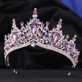 Detailed macro shot of silver bridal crown featuring purple and pink crystal rhinestones - Silver White & Purple AB Rhinestone