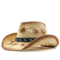 Close-up of western straw hat featuring star-shaped hollow pattern and beaded band decoration - Beige Coffee