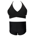 Zweiteiliger schwarzer Mädchen-Bikini mit Neckholder-Oberteil und High-Waist-Shorts - 104 / Zweiteiler-Set (Boxershorts) / Schwarz