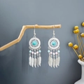 Bohemian silver feather earrings with turquoise beads hanging on a rustic wooden stand - E6109-5 Turquoise Feather