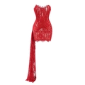 Robe bustier courte en dentelle rouge avec traîne latérale asymétrique et coupe slim - Rouge
