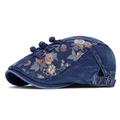 Béret en denim bleu marine avec imprimé floral vintage et boutons chinois traditionnels - Bleu foncé