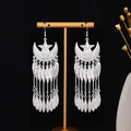 Bohemian silver moon and star earrings with layered metal leaf tassel pendants - Moon Star Leaf Tassel Style E7160