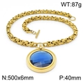 Gold Byzantine chain necklace featuring a multifaceted blue round glass stone pendant - Gold Blue Necklace (KN201471-Z)