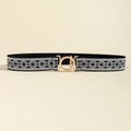 Elastic black waist belt with white floral embroidery and golden metal ring buckle - Ethnic Black