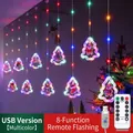 Multi-color LED curtain lights with Christmas tree pendants and 8-mode remote control - USB With Remote / Colorful