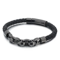 Men's black braided leather bracelet featuring a black stainless steel anchor link clasp - 21cm / Black Color (KB130440-KFC)