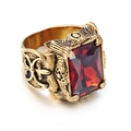 Vintage gothic men's stainless steel ring with a large rectangular red gemstone - Gold Red