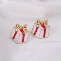 Christmas gift box stud earrings with red ribbon and gold bow on white silk texture - Red Gift Box