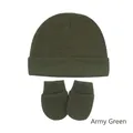 Army green newborn knit hat and anti-scratch mittens set in soft cotton fabric - Army Green (2-Piece Set)