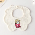 Floral cotton baby bib in cream with cute puppy french fries embroidery and snap closure - Gauze Flower Bandage - Mini Fries