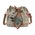 Ethno-Stil Beuteltasche für Damen mit Blumen-Jacquard-Stoff und Leder-Kordelzug - Beige Blau Retro Floral