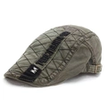 Detail view of olive green newsboy cap with diamond quilting and metal buckle - M Label Patchwork Style / Army Green