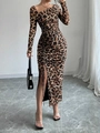 Slim fit leopard print long sleeve midi dress with side drawstring and slit detail - S / Brown Leopard
