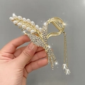 Golden lily of the valley hair claw clip with white pearls and sparkling rhinestone tassel - Pearl Rice Ear