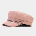 Rosa gesteppte Baker-Boy-Mütze aus PU-Leder mit silberner Kette für modebewusste Damen - M (56-58cm) / Rosa