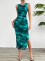 Détail de la robe sans manches bleu sarcelle avec fronces latérales et imprimé abstrait - S / Vert