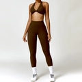 Dunkelbraunes Yoga-Set mit Halter-Sport-BH und nahtloser High-Waist-Leggings für Damen - S / Sport-BH + Leggings / Birken-Tee-Braun