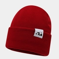 Detail of red ribbed knit beanie showing the panda patch and soft woven texture - Burgundy