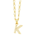 Detail of gold letter K pendant with micro-pave cubic zirconia on a Figaro chain - Letter K